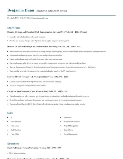 Director Of Sales And Catering Resume