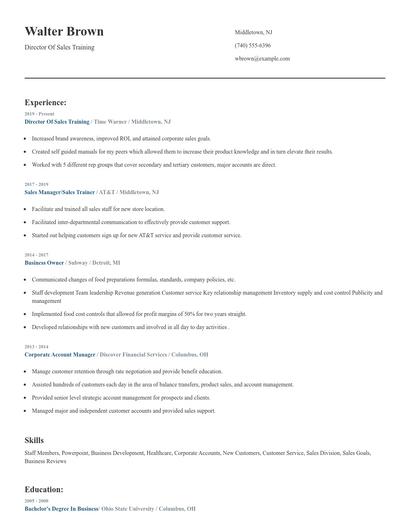 Director Of Sales Training Resume