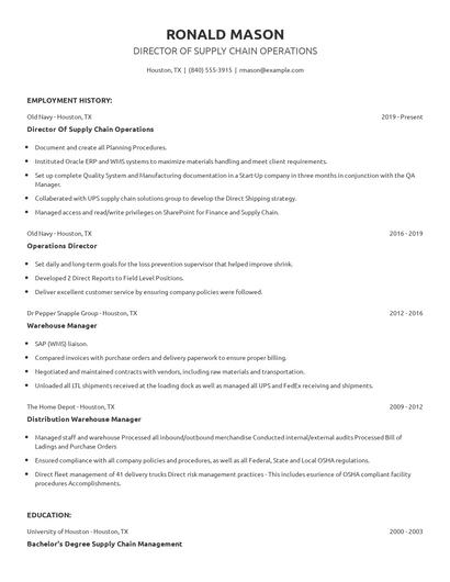 Director Of Supply Chain Operations Resume