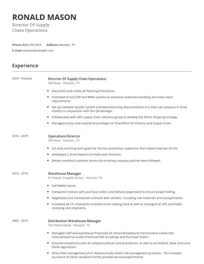 Director Of Supply Chain Operations Resume