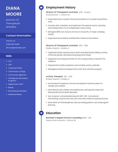 Director Of Therapeutic Activities Resume