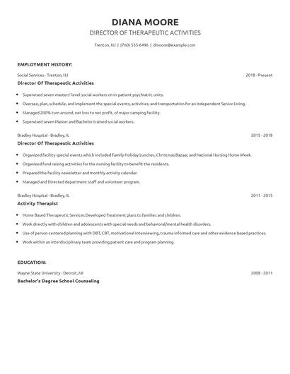Director Of Therapeutic Activities Resume