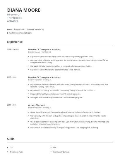 Director Of Therapeutic Activities Resume