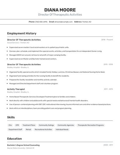 Director Of Therapeutic Activities Resume