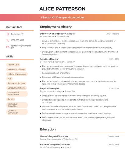 Director Of Therapeutic Activities Resume