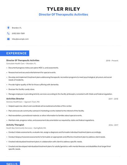Director Of Therapeutic Activities Resume