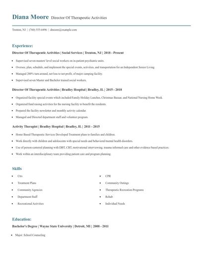 Director Of Therapeutic Activities Resume