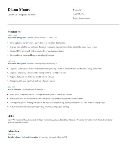Director Of Therapeutic Activities Resume