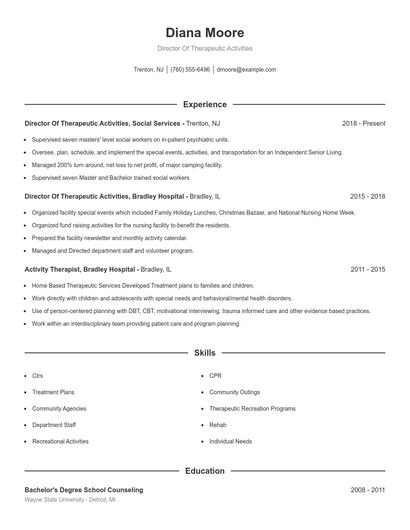 Director Of Therapeutic Activities Resume