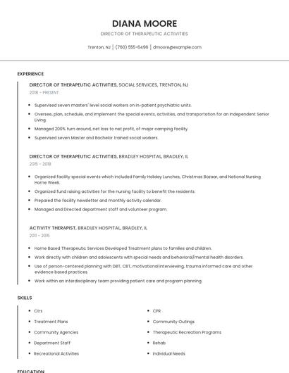 Director Of Therapeutic Activities Resume