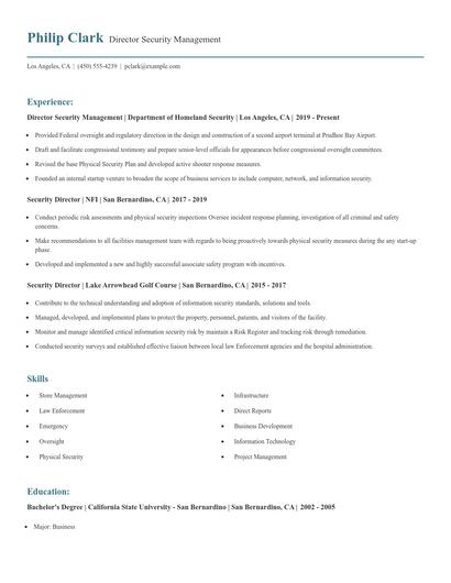 Director Security Management Resume