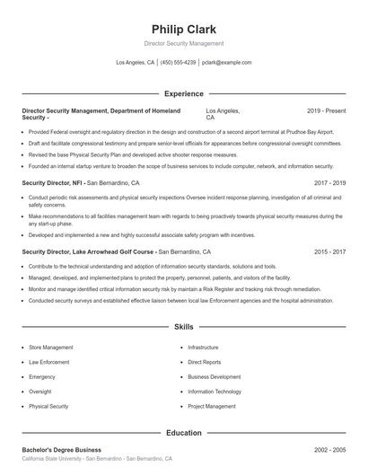 Director Security Management Resume