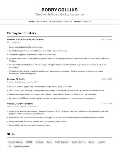 Director, Software Quality Assurance Resume