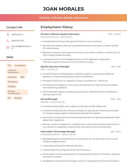 Director, Software Quality Assurance Resume