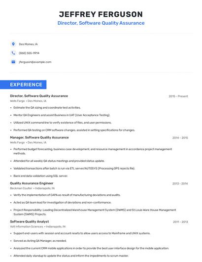 Director, Software Quality Assurance Resume