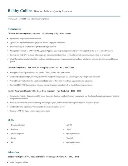Director, Software Quality Assurance Resume