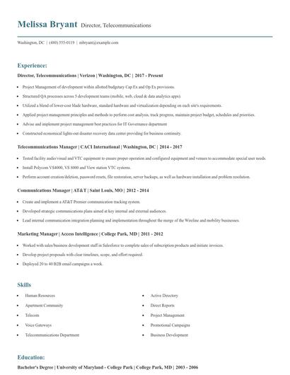 Director, Telecommunications Resume