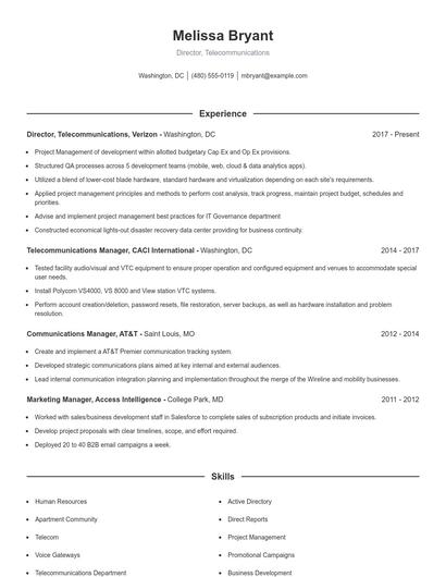 Director, Telecommunications Resume