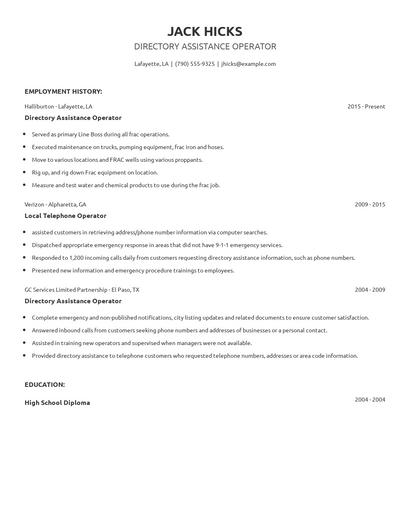 Directory Assistance Operator Resume