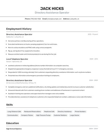 Directory Assistance Operator Resume