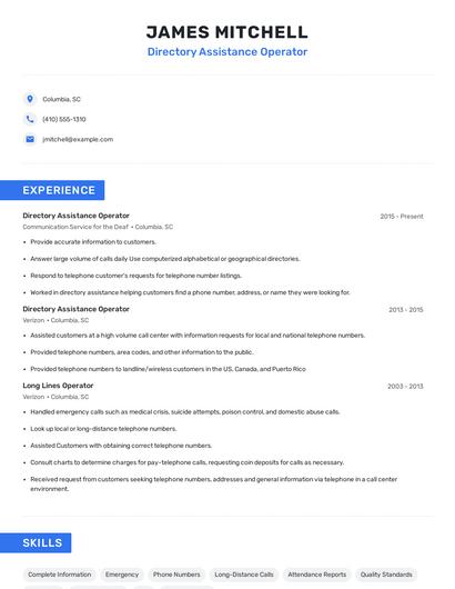 Directory Assistance Operator Resume