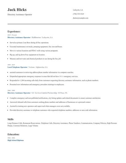 Directory Assistance Operator Resume