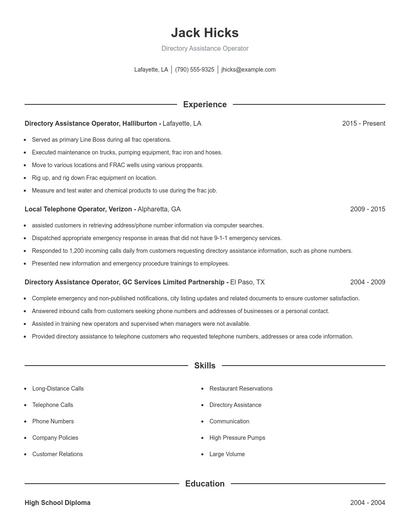 Directory Assistance Operator Resume