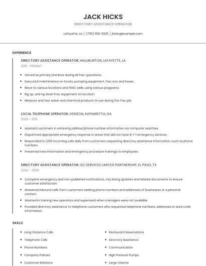Directory Assistance Operator Resume