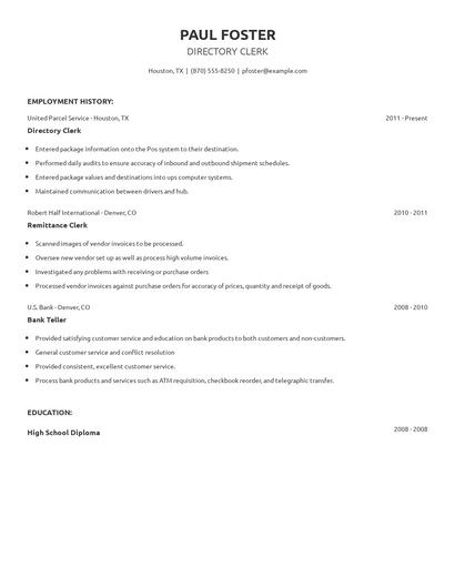 Directory Clerk Resume