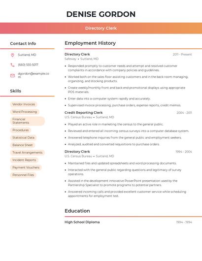 Directory Clerk Resume