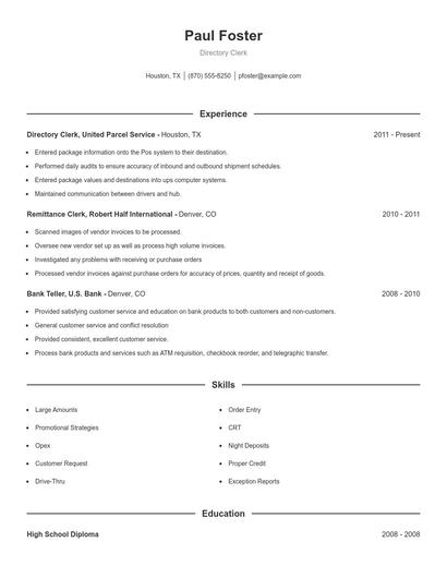 Directory Clerk Resume