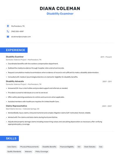 Disability Examiner Resume