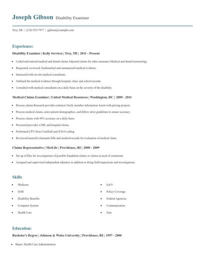Disability Examiner Resume