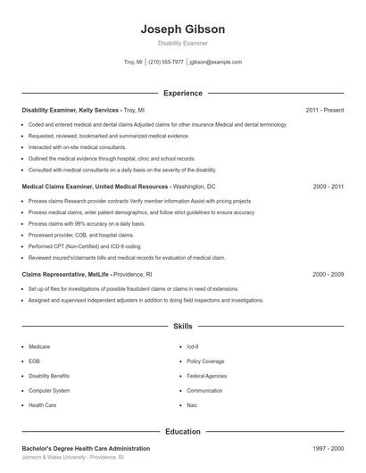 Disability Examiner Resume
