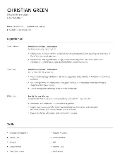 Disability Services Coordinator Resume