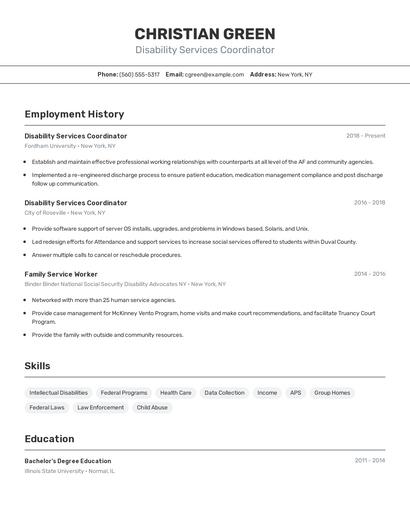 Disability Services Coordinator Resume