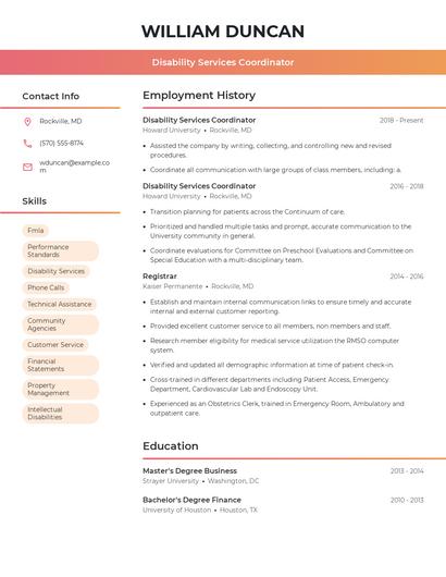 Disability Services Coordinator Resume