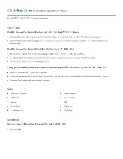 Disability Services Coordinator Resume