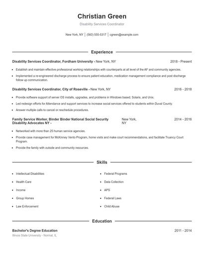 Disability Services Coordinator Resume