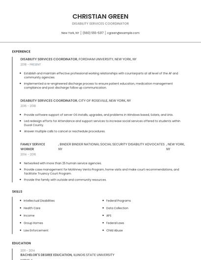 Disability Services Coordinator Resume