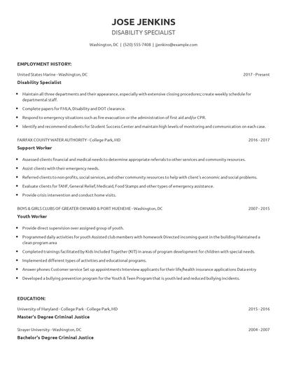 Disability Specialist Resume