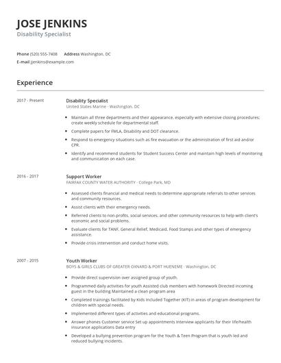 Disability Specialist Resume