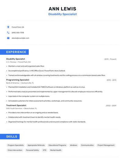 Disability Specialist Resume