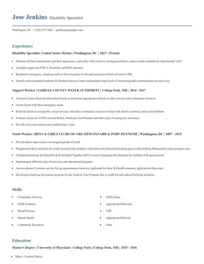 Disability Specialist Resume