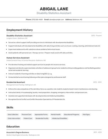 Disability Statistics Assistant Resume
