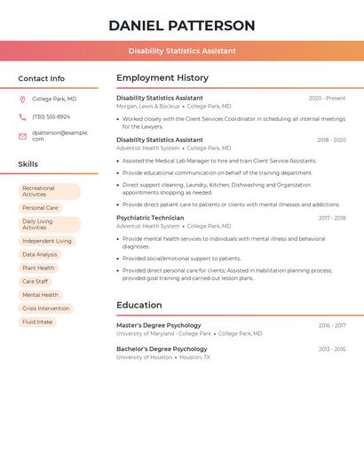 Disability Statistics Assistant Resume