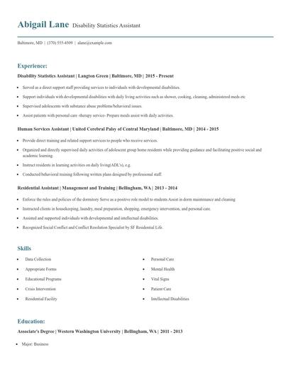 Disability Statistics Assistant Resume