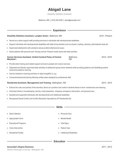 Disability Statistics Assistant Resume