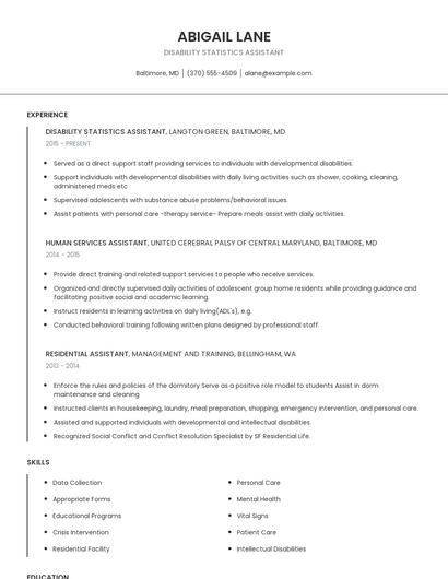 Disability Statistics Assistant Resume