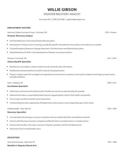 Disaster Recovery Analyst Resume
